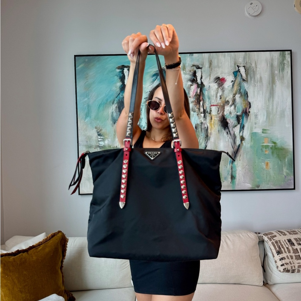 Prada Vela Studded Nylon Black and Red Convertible Tote Bag - Picture 3 of 16
